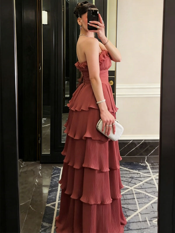 Unique Strapess Pleated Ruffles Dusty Rose Tiered Long Prom Dress,OLP2135