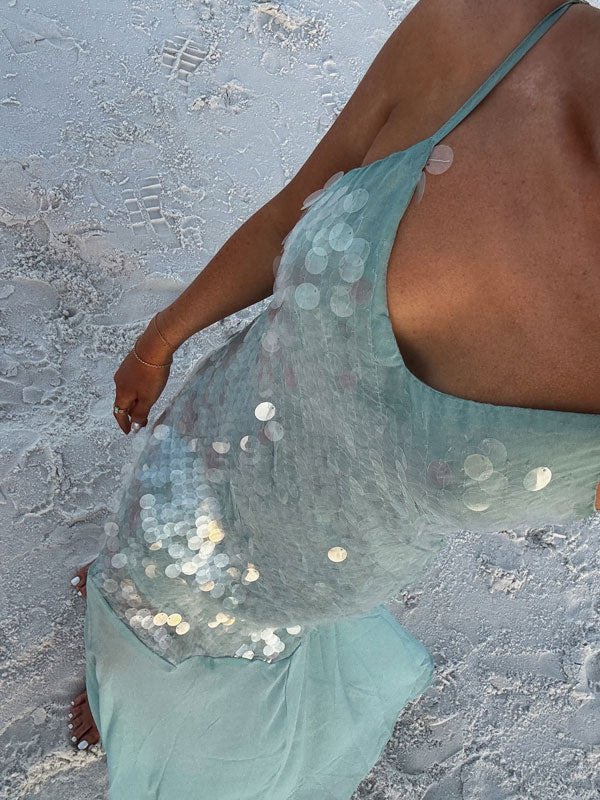 Sparkly Blue Spaghetti Strap Mermaid Long Prom Dress Ideas, Evening Party Dresses, OLP1586