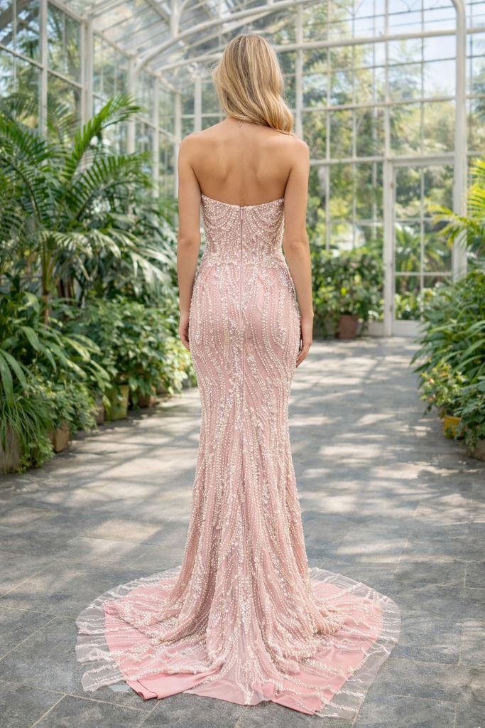 Unique Pink Pearl-Embellished Mermaid Prom Dress with Draped Bead Detail,OLP1895