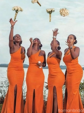 Elegant Orange One-Shoulder Sleeveless Mermaid Long Bridesmaid Dresses Online, BG888