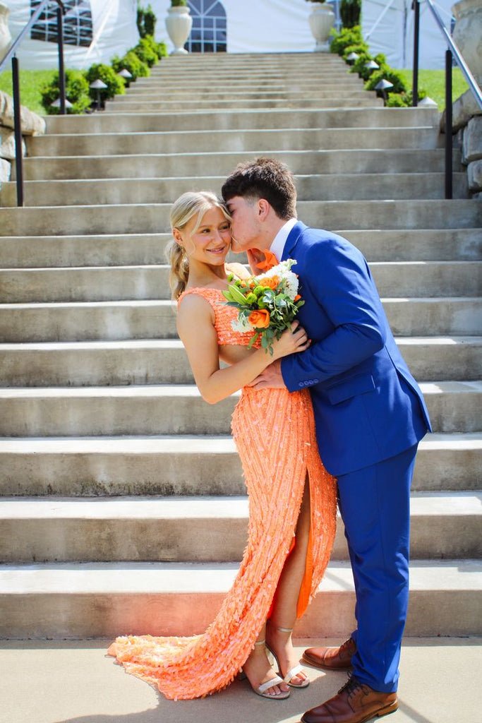 Elegant Orange V-Neck Mermaid Side Slit Long Prom Dress Ideas, Evening Party Dresses, OLP1447