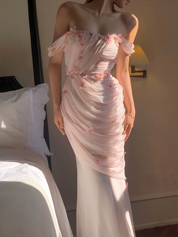 Floral Pink Off-Shoulder Mermaid Long Prom Dress Ideas, Evening Party Dresses, OLP1601