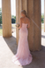 Elegant Pink Strapless Lace Applique Prom Gown Slim Fit Tulle Evening Dress,OLP1849