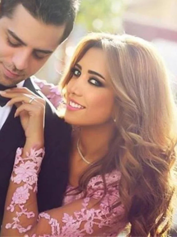 Sexy Applique Pink Long Sleeve Mermaid Long Prom Dress Ideas, Evening Party Dresses, OLP1501