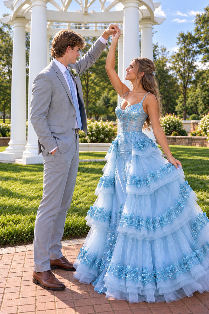 Fancy Blue Sweetheart Tiered A Line Long Prom Dress Tulle Floral Classy,OLP2433
