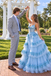 Fancy Blue Sweetheart Tiered A Line Long Prom Dress Tulle Floral Classy,OLP2433