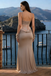 Sexy Champagne Satin Mermaid Evening Dress Lace Inset Ruched Detail Gown,OLP1994