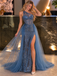Classy Slate Blue One Shoulder High Slit Tulle Over-Skirt Prom Dress,OLP2498