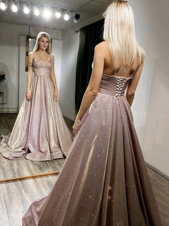 Shiny Pink Spaghetti Strap A-Line Long Prom Dress Ideas, Evening Party Dresses, OLP1285