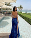 Modern Cobalt Blue Marble Print Prom Gown Thigh-High Slit,OLP2099