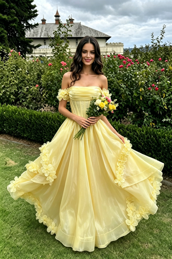 Pretty Yellow Off the Shoulder Prom Dress with 3D Floral Applique Edging,OLP2233