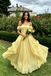 Pretty Yellow Off the Shoulder Prom Dress with 3D Floral Applique Edging,OLP2233