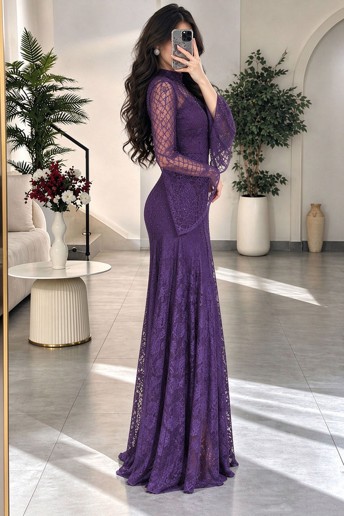 Unique Purple Mock Neck Bell-Sleeve Lace Beaded Prom Dress,OLP2437