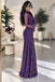 Unique Purple Mock Neck Bell-Sleeve Lace Beaded Prom Dress,OLP2437