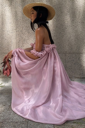 Unique Dusty Rose Off the Shoulder Puff Sleeve High Low Formal Gown,OLP2036