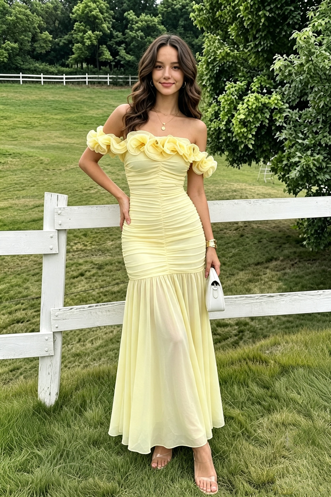Modern Yellow Ruffled Off-Shoulder Party Dress Sheath Long Prom Dress,OLP2358