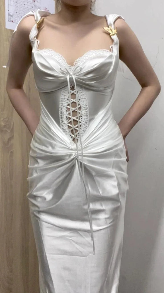 Elegant White Spaghetti Strap Mermaid Long Prom Dress Ideas, Evening Party Dresses, OLP1424