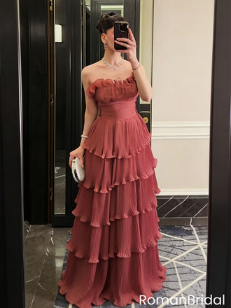 Unique Strapess Pleated Ruffles Dusty Rose Tiered Long Prom Dress,OLP2135