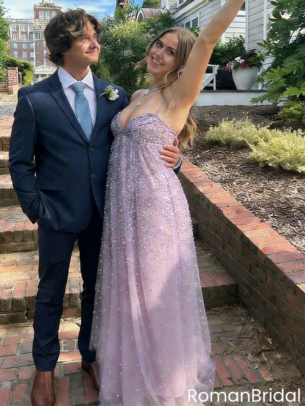 Beautiful Sparkling Lavender Sweetheart V-Neck A-Line Prom Dress,OLP1861