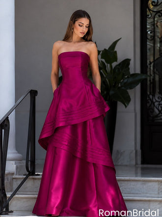 Chic Fuchsia Satin Strapless Tiered Pleated Pocket Prom Dress,OLP2284
