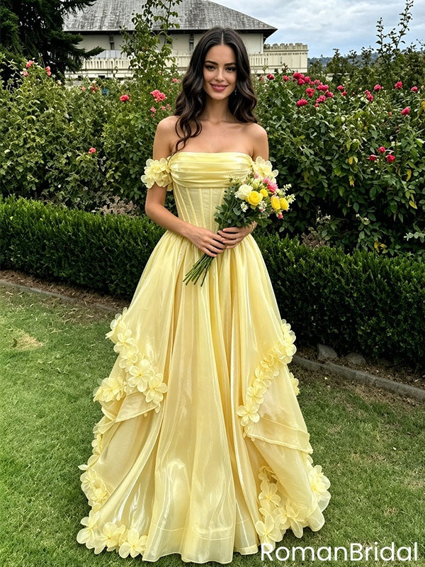 Pretty Yellow Off the Shoulder Prom Dress with 3D Floral Applique Edging,OLP2233