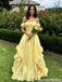 Pretty Yellow Off the Shoulder Prom Dress with 3D Floral Applique Edging,OLP2233