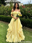 Pretty Yellow Off the Shoulder Prom Dress with 3D Floral Applique Edging,OLP2233