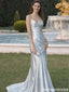 Modern Silver Satin Slip Prom Dress V Neck Spaghetti Strap Long Formal Gown,OLP1909