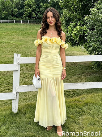 Modern Yellow Ruffled Off-Shoulder Party Dress Sheath Long Prom Dress,OLP2358