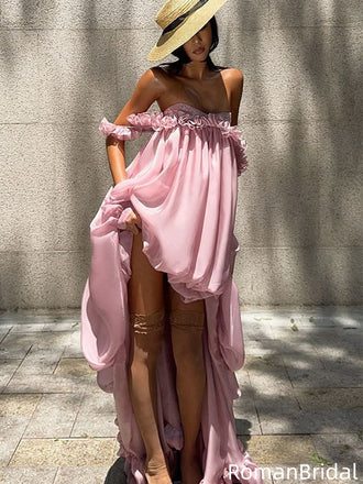 Unique Dusty Rose Off the Shoulder Puff Sleeve High Low Formal Gown,OLP2036