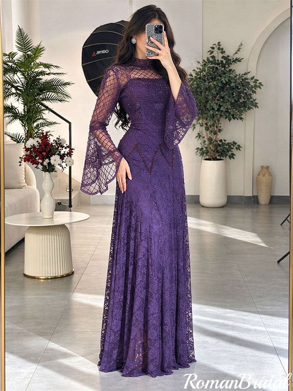 Unique Purple Mock Neck Bell-Sleeve Lace Beaded Prom Dress,OLP2437