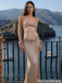 Sexy Champagne Satin Mermaid Evening Dress Lace Inset Ruched Detail Gown,OLP1994