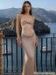 Sexy Champagne Satin Mermaid Evening Dress Lace Inset Ruched Detail Gown,OLP1994