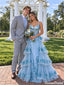 Fancy Blue Sweetheart Tiered A Line Long Prom Dress Tulle Floral Classy,OLP2433