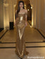 Sexy Gold Sequin Prom Dress Off Shoulder Ruched Bodice Mermaid Silhouette,OLP1979