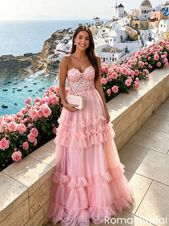 Classy Pink Sweetheart Ruffled Tulle A-Line Prom Dress with Lace Appliques,OLP2210