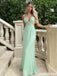 Chic Mint Green V-neck Cut-Out Waist Evening Gown with Beaded Brooch,OLP1886
