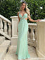 Chic Mint Green V-neck Cut-Out Waist Evening Gown with Beaded Brooch,OLP1886