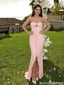 Sexy Pink Prom Gown Strapless Ruched Mermaid Dress Front Cutout Ruffle Hem,OLP2174