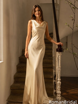 Sexy Ivory Silk Slip Prom Dress Minimalist Cowl Neck Sleeveless Evening Gown,OLP2289