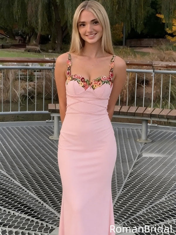 Classy Pink Mermaid Prom Dress Floral Embroidered Bustier Straps Long Party Wear,OLP2155