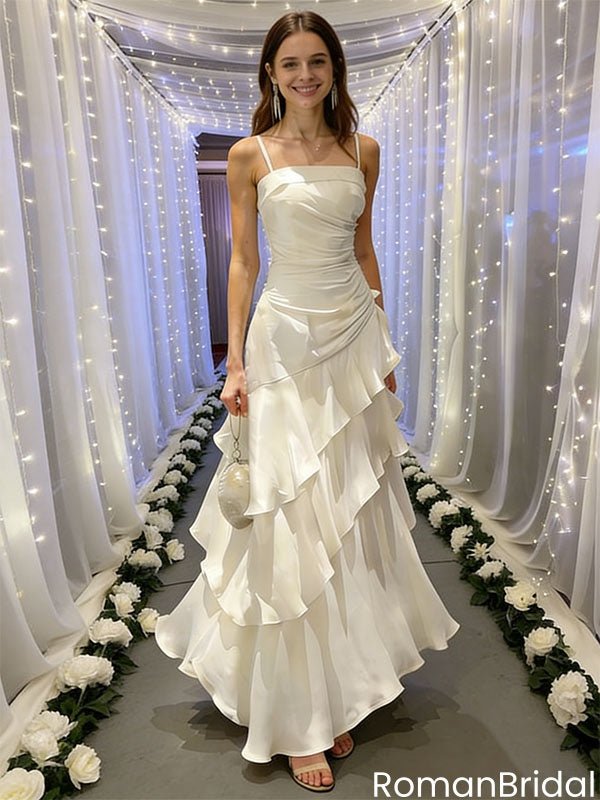 Unique Ivory Tiered Ruffle Prom Dress Spaghetti Straps Luxury Satin,OLP1936