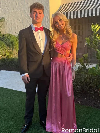 Modern Metallic Pink Two-Piece Prom Dress Cutout Waist Shimmering Ball Gown,OLP1876