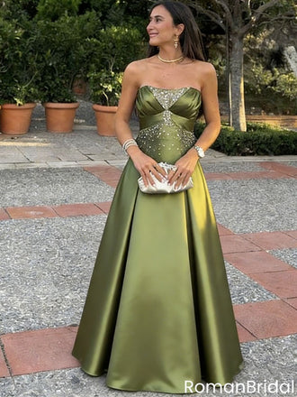 Elegant Olive Green Satin Formal Gown with Beaded Sweetheart Necklinee,OLP1868