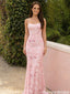 Beautiful Pink Floral Lace Prom Dress Spaghetti Strap Fitted Mermaid Gown,OLP2028