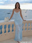 Exquisite Light Blue Lace Prom Dress Spaghetti Straps Mermaid Silhouette,OLP2005