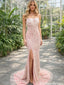 Unique Pink Pearl-Embellished Mermaid Prom Dress with Draped Bead Detail,OLP1895