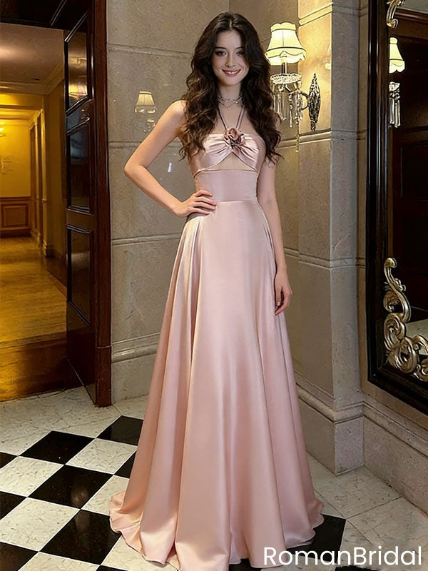Fancy Pink Satin Prom Dress Halter Cut-out Floral Detail A-Line Gown,OLP1951
