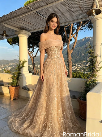 Champagne Gold Formal Gown Off Shoulder Sequin Lace Tulle Ballgown Prom Dress,OLP2251