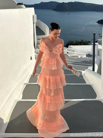 Elegant Coral Spaghetti Strap A-Line Long Prom Dress Ideas, Evening Party Dresses, OLP1400